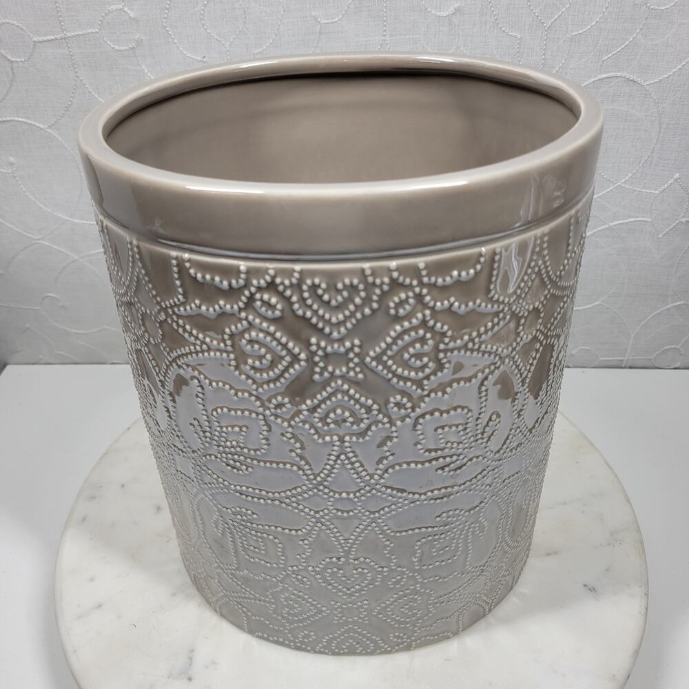 Barbara Barry Poetical Fine Porcelain Wastebasket Trash Can Vase Taupe